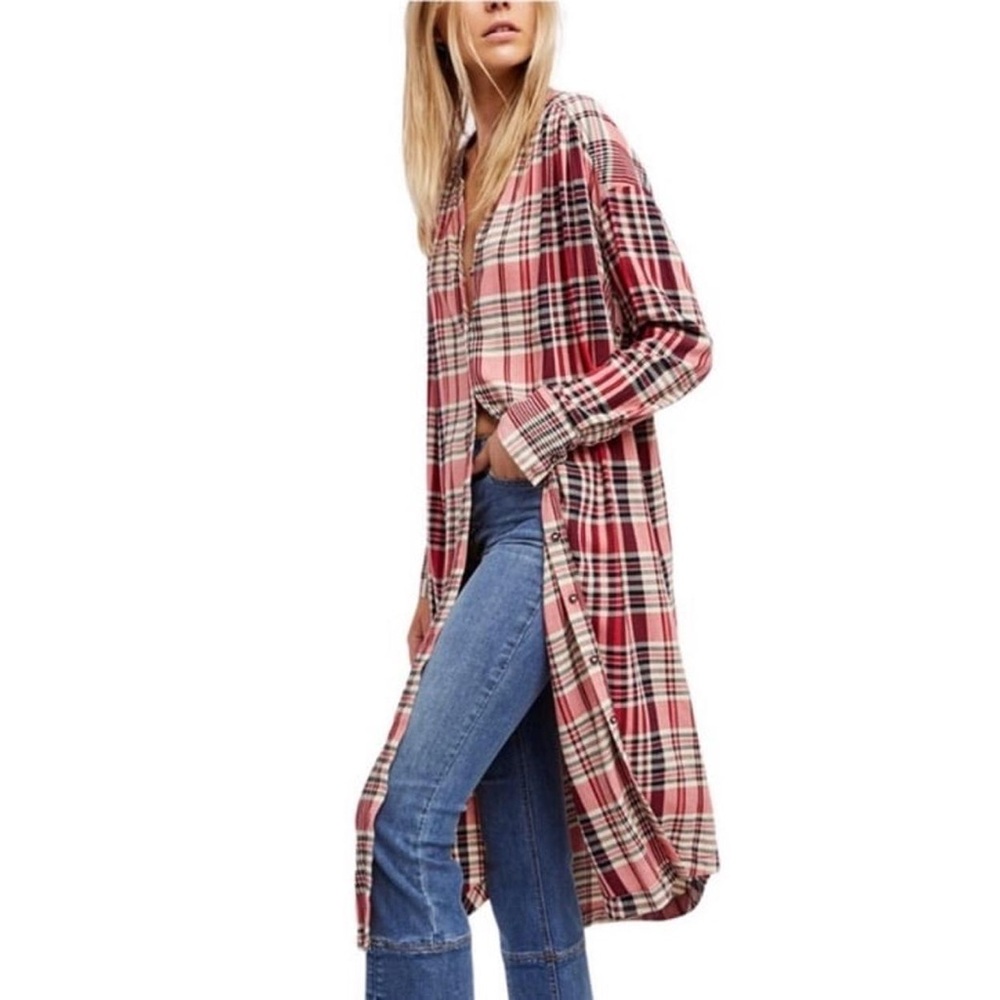 Free People Lorelei Red Plaid Long Sleeve Shirt Dress - NWOT, Size S